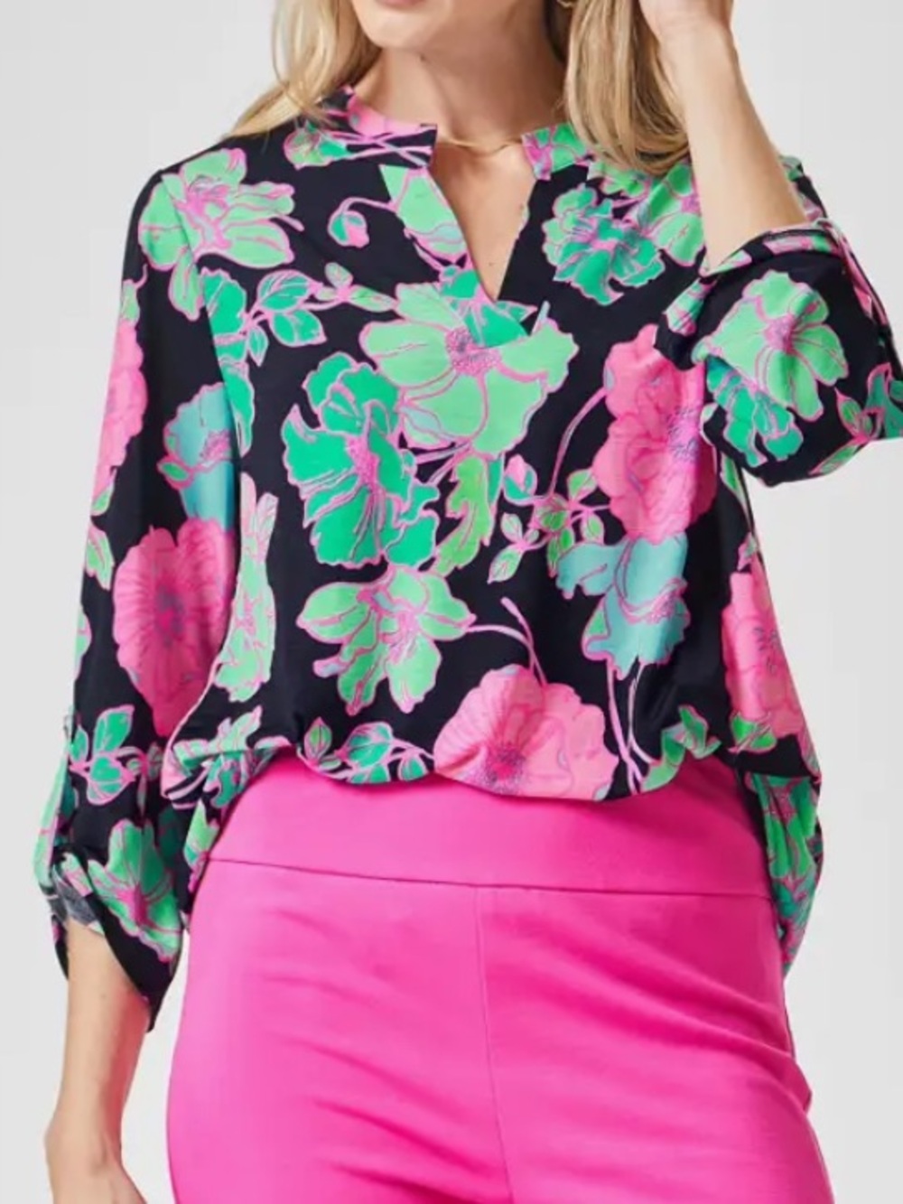 Floral Split-Neck Blouse in Black with Pink & Green Print